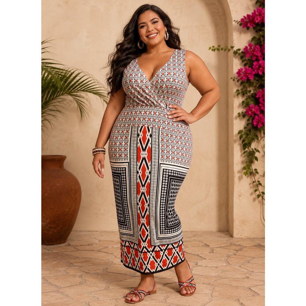 Mlle Gabrielle 3X Geometric Maxi Dress Boho Stretch V-Neck